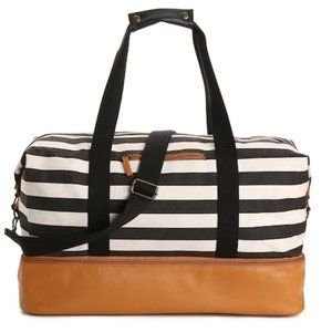 DSW Striped Weekender Shoe Carryon Tote Travel Bag Black White Cognac Carryall
